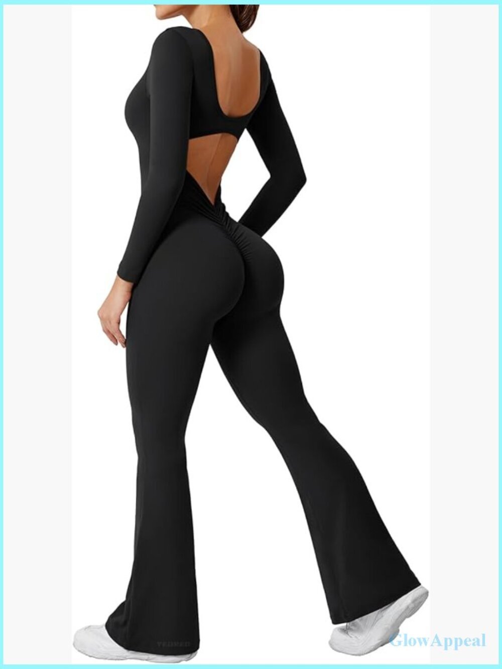 Long Sleeve Backless Flare Jumpsuit Wide Leg Yoga Romper Scrunch